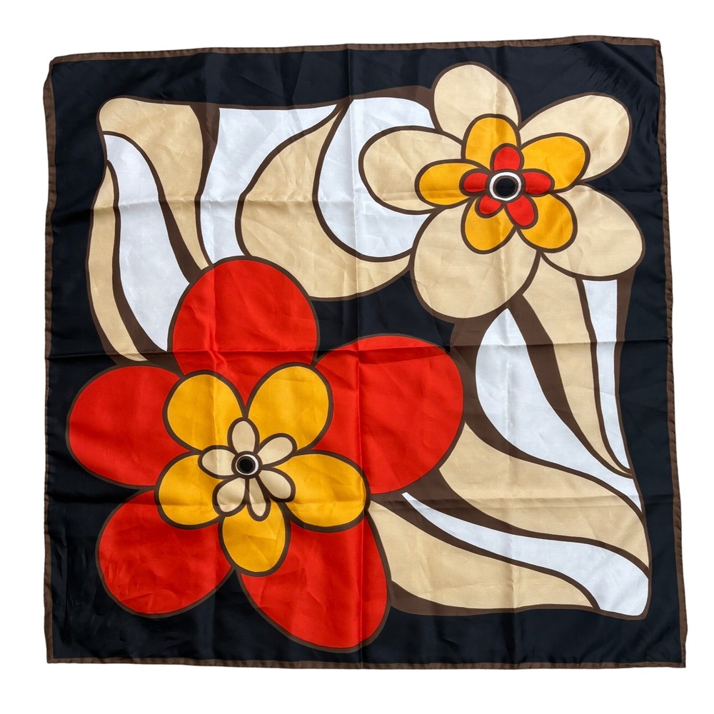 VTG Groovy Flower Square Scarf Black Orange Psychedelic Italy Made Trevira Retro
